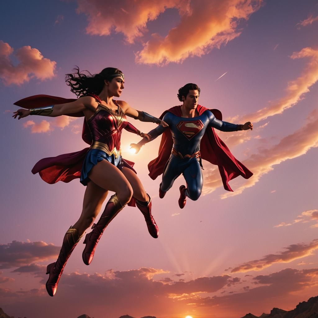 Superman and Wonder Woman at Sunset: Cinematic Still