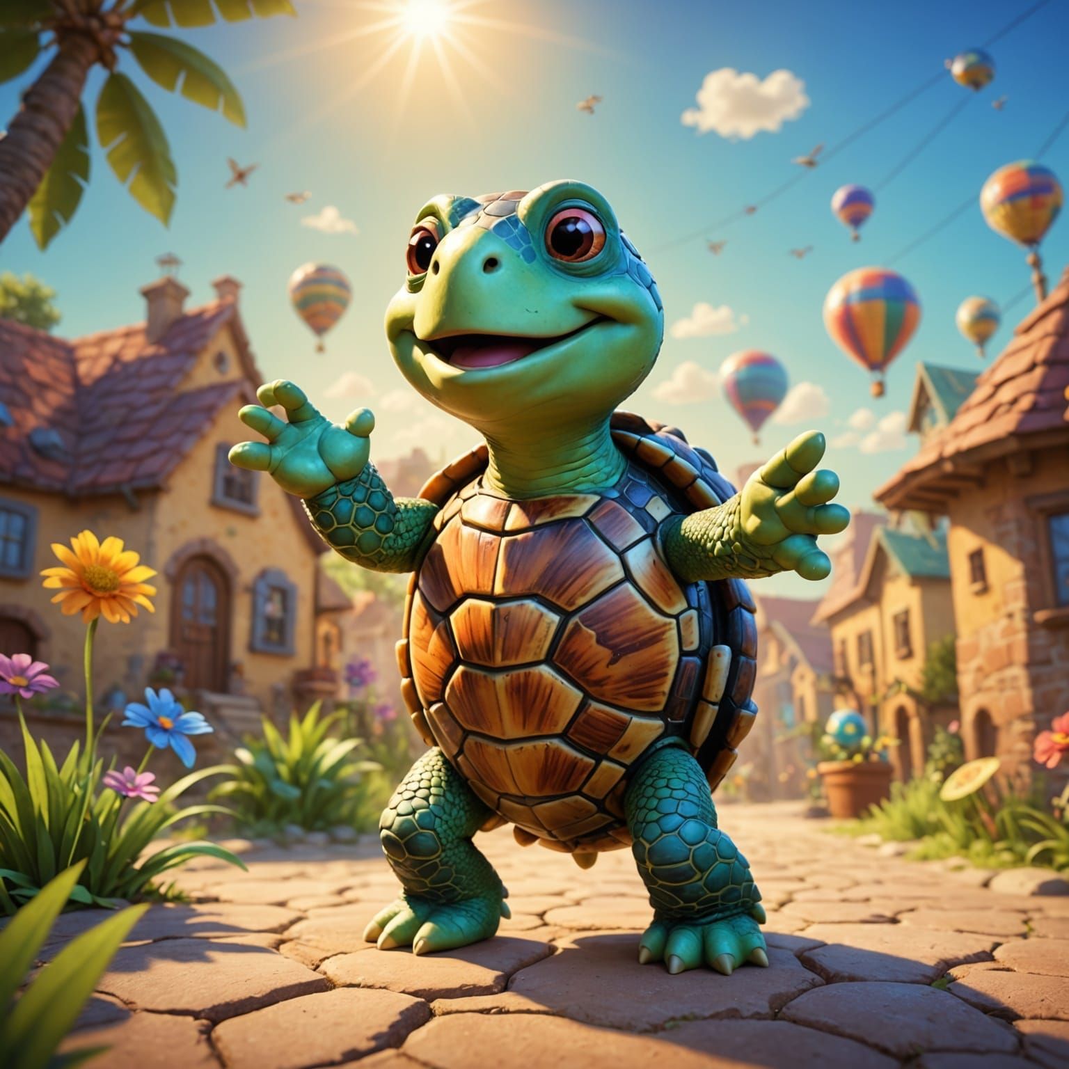 Singing Turtle on a Sunny Day: Pixar-style 3D Art