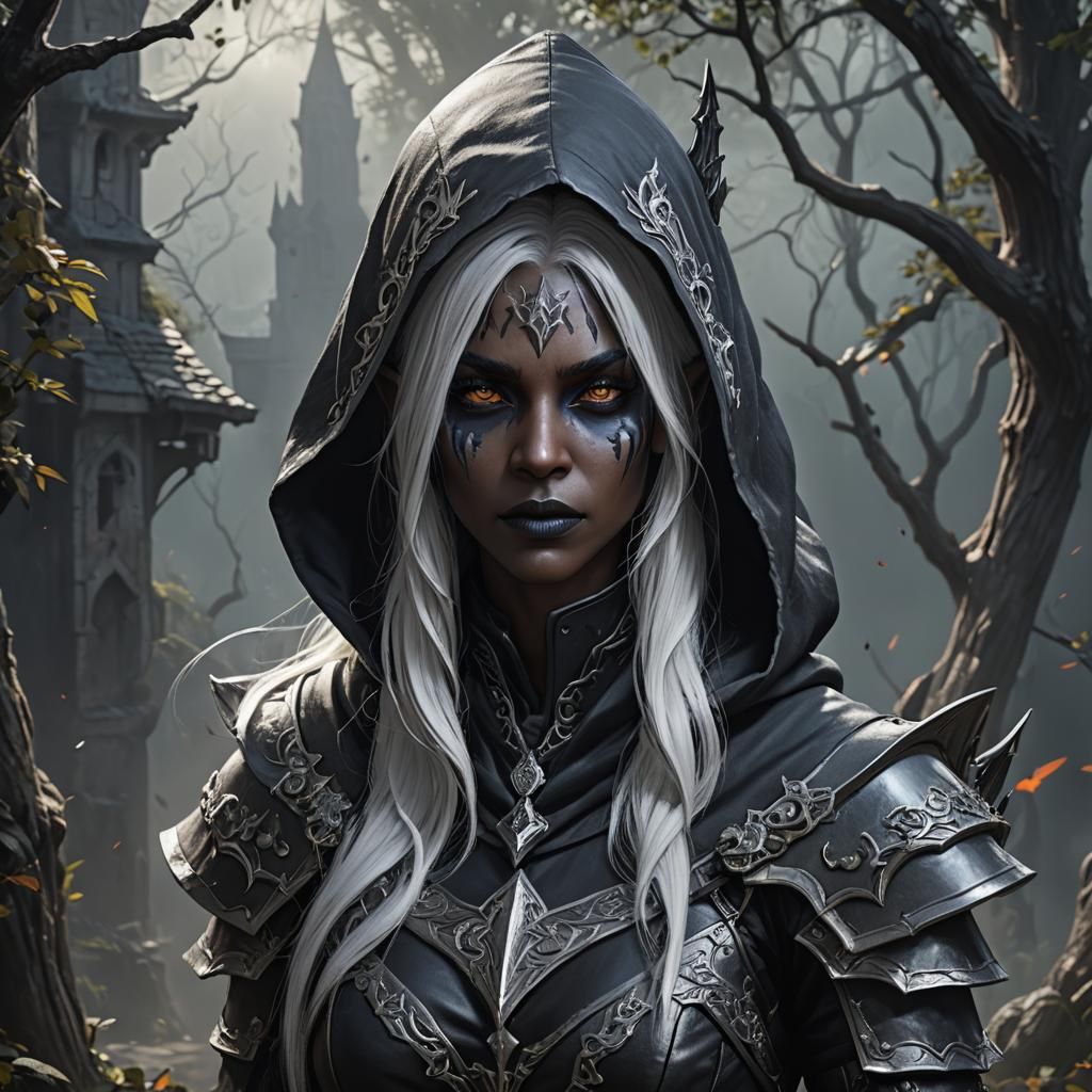 Drow Rogue in Black Armor, Detailed Digital Art