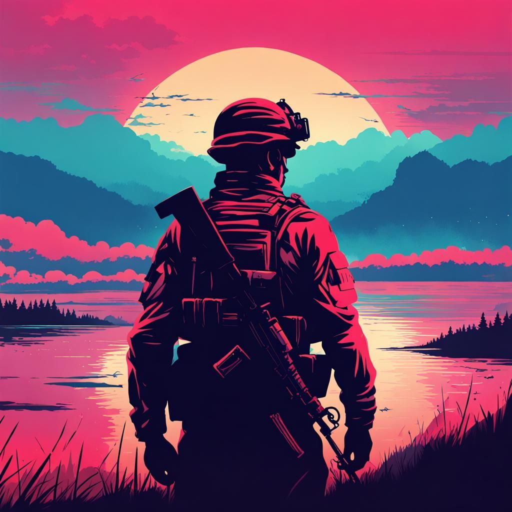 Unwavering Soldier in Vivid Horizon Silhouette Landscape