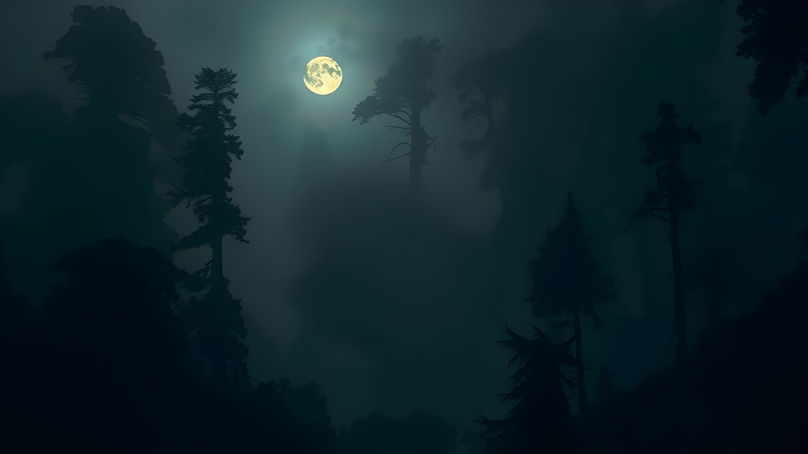 Moonlight Breaks Through Fog in Hyperrealistic Forest