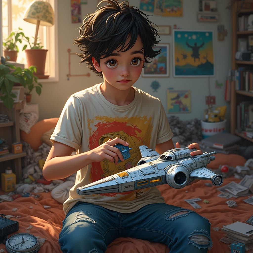 Hyperrealistic Teen with Toy Spaceship Portrait