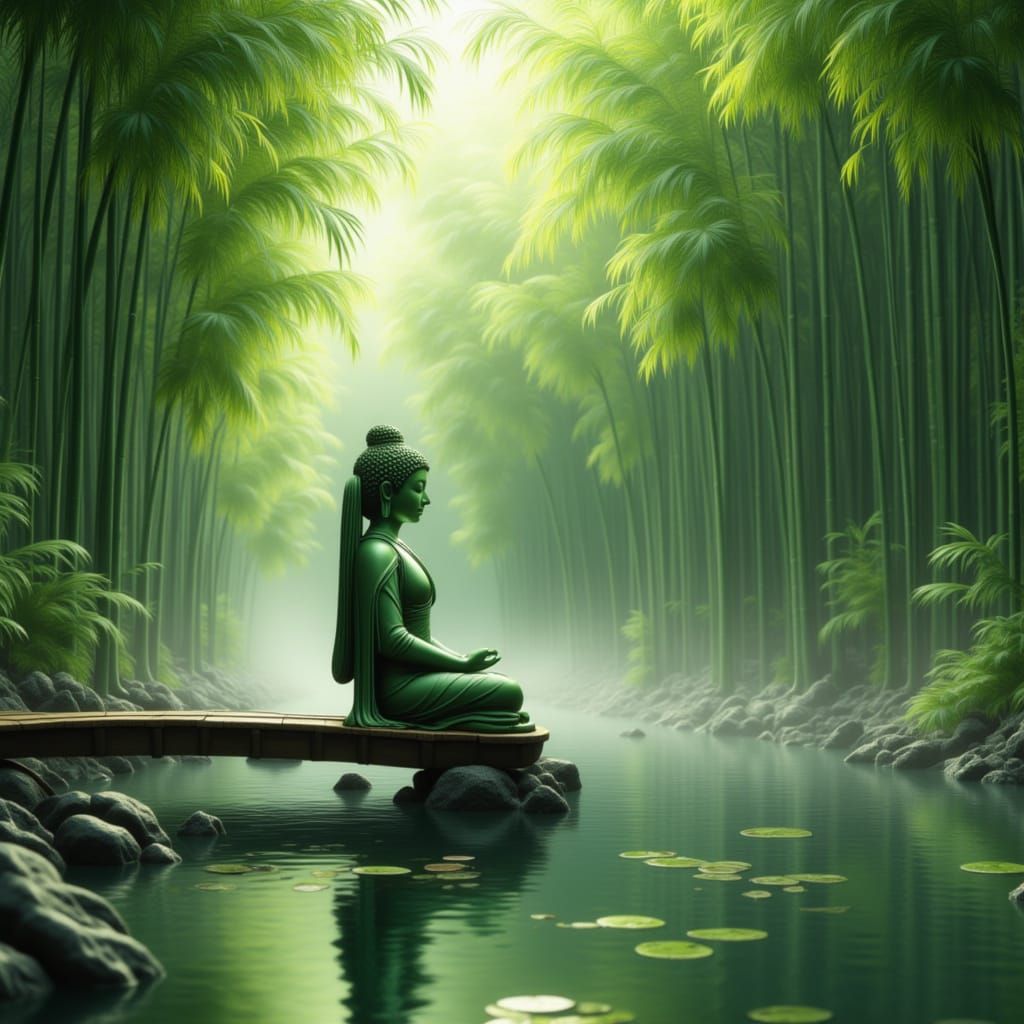 <lora:Fernoestliches Flair:1.0> green Tara Bamboo Lake Bridge