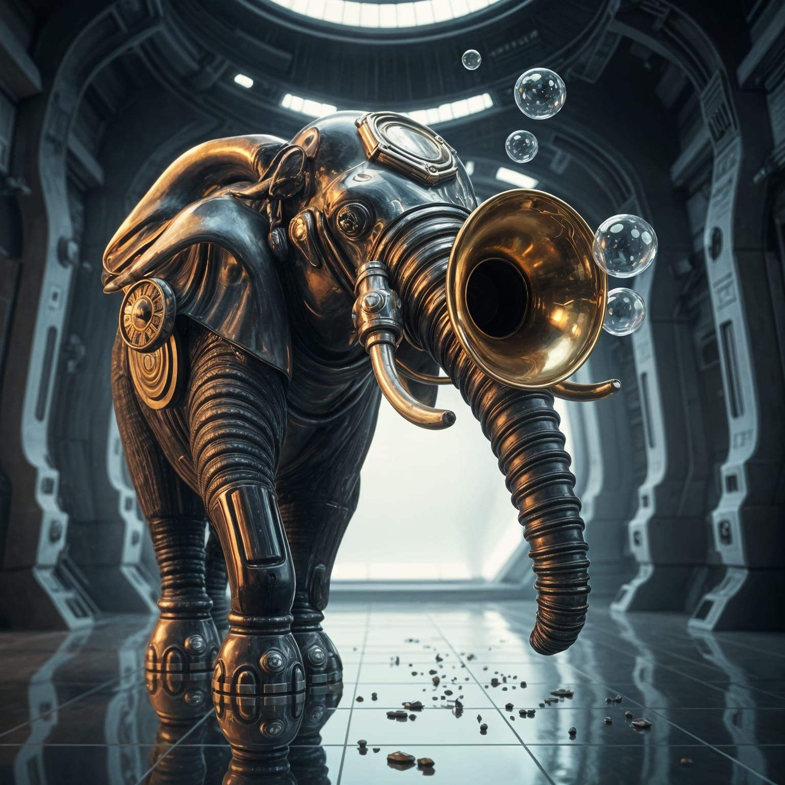 An elephant playing a tuba that has bubbles blowing out of it. intricate mech details, ground level shot, 8K resolution,...