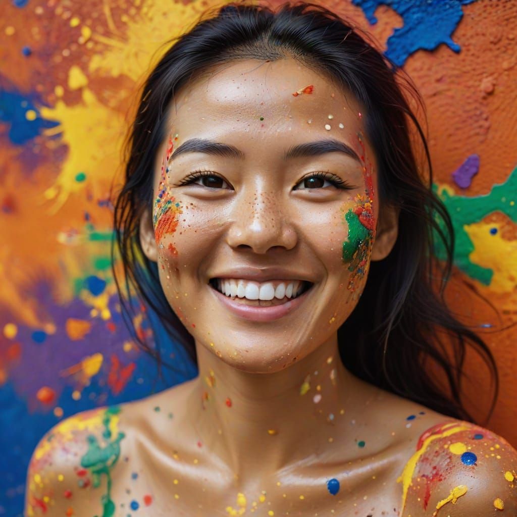 Joyful Asian Woman Covered in Colorful Paint Splatters