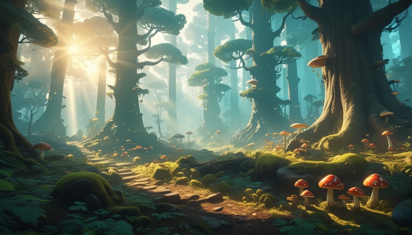 Mystical Forest with Glowing Mushrooms in Golden Hour
