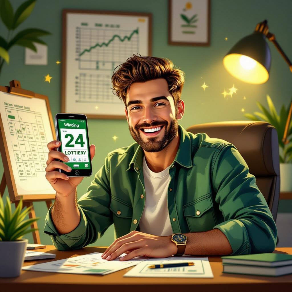 Man Celebrates Winning Lottery Number 24 in Digital Art Styl...