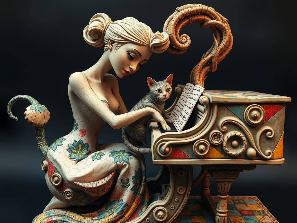 Ceramic Cubist Sculpture: Woman and Cat at Piano