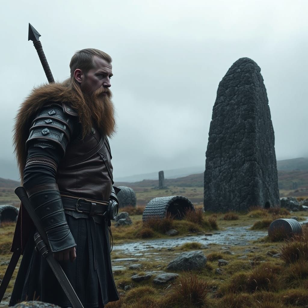Viking Warrior Beside Ancient Stone Cairn