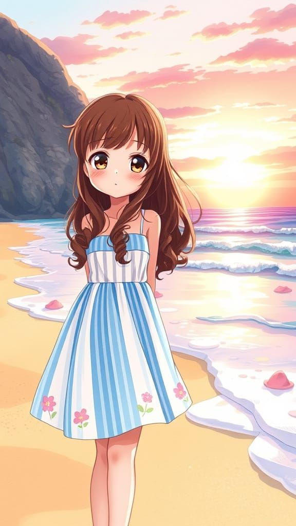 Anime Girl at Sunset Beach in Watercolor Style