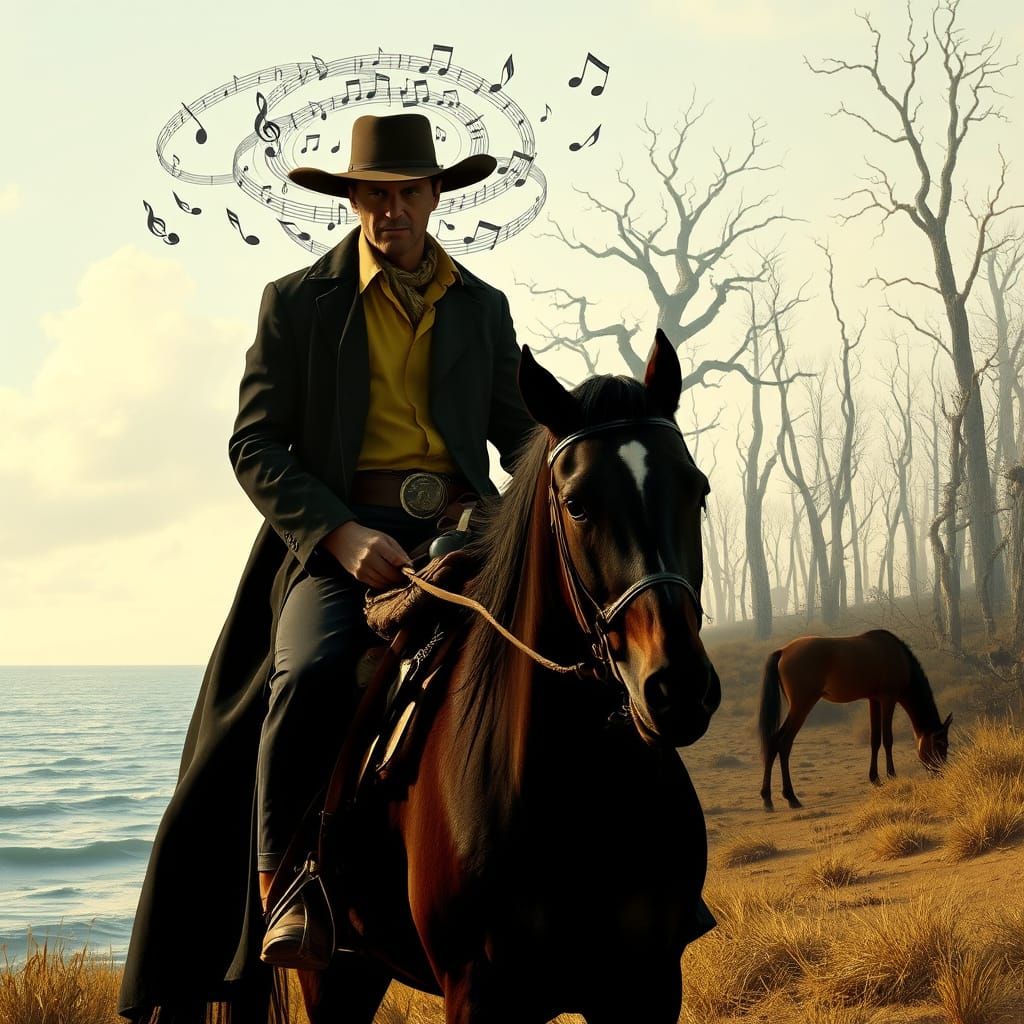 Cowboy Rides Through Surreal Double Exposure Landscape