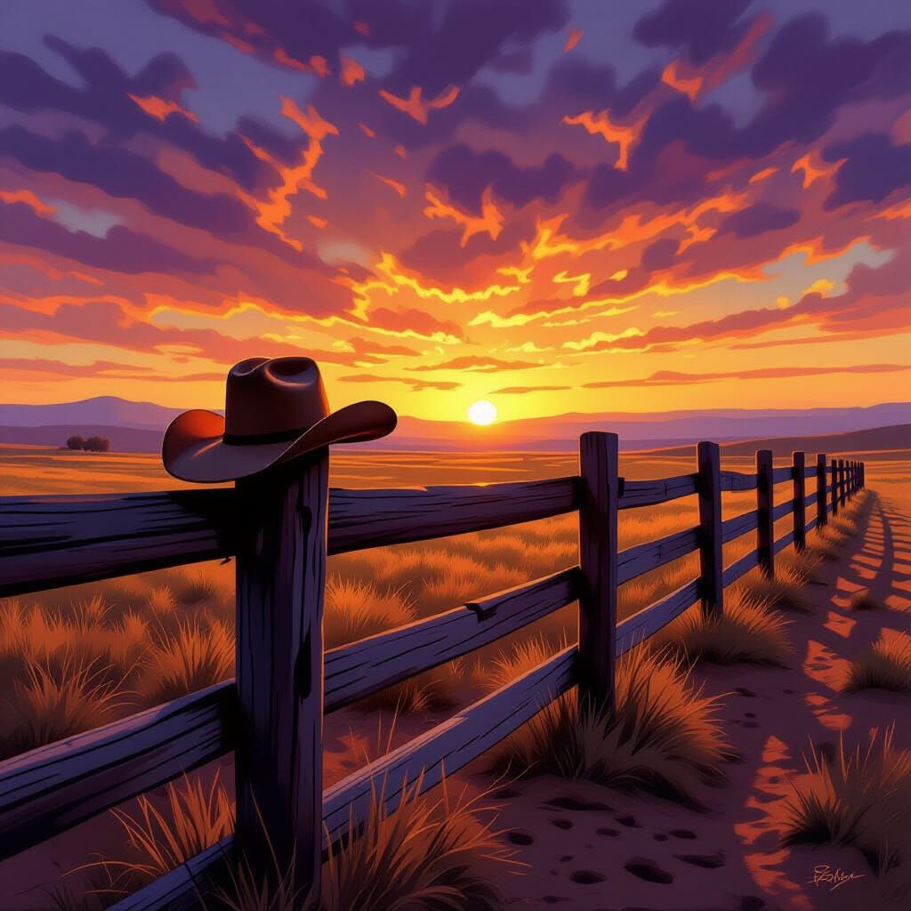 Cowboy Hat at Sunset in Painterly Style