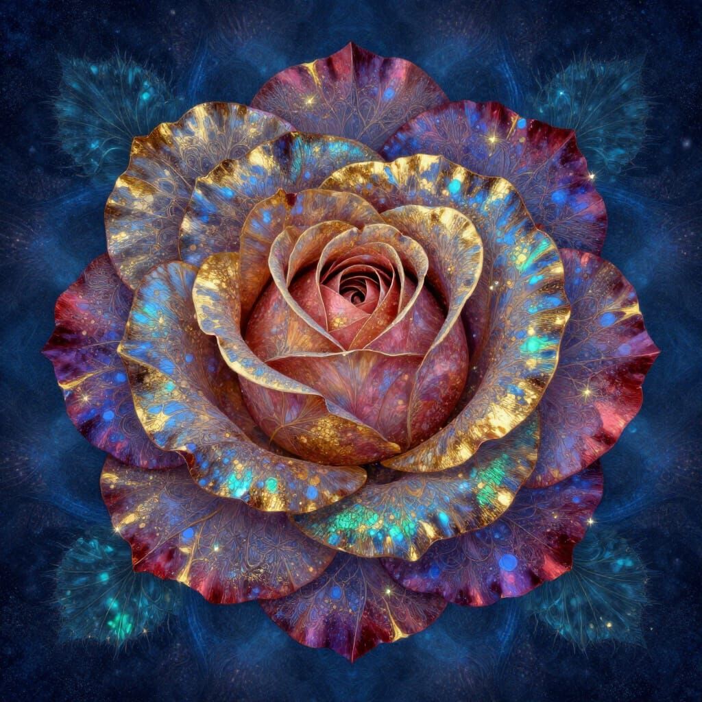 Ethereal Rose Art with Blue and Gold Luxe Hues