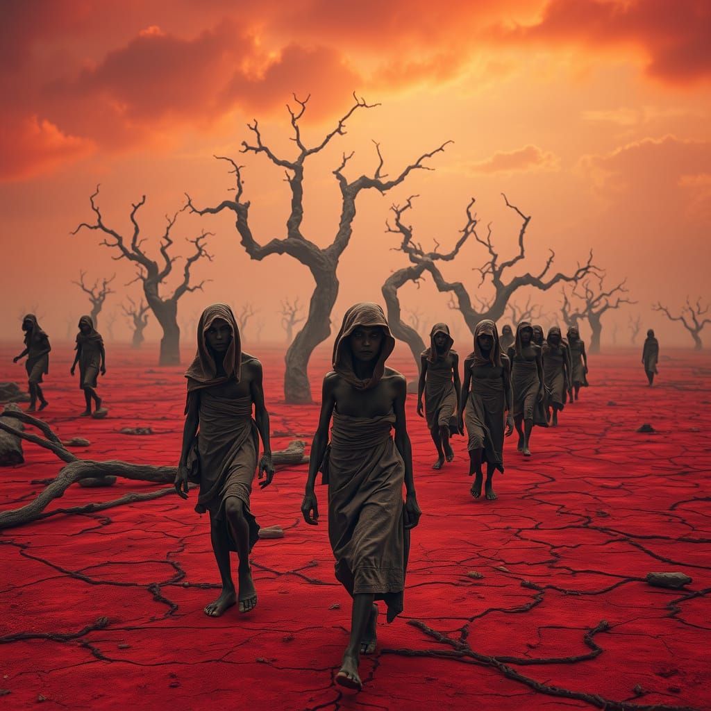 Barren, Blood-Red Wasteland Scene in a Post-Apocalyptic Atmo...