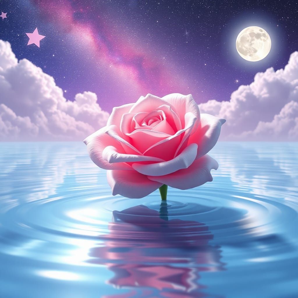 Crystal Pink Rose Under Galaxy Sky: Anime-Inspired 3D Art