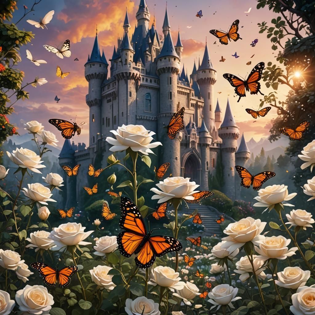 Monarch Butterflies and Rose with Fairytale Castle