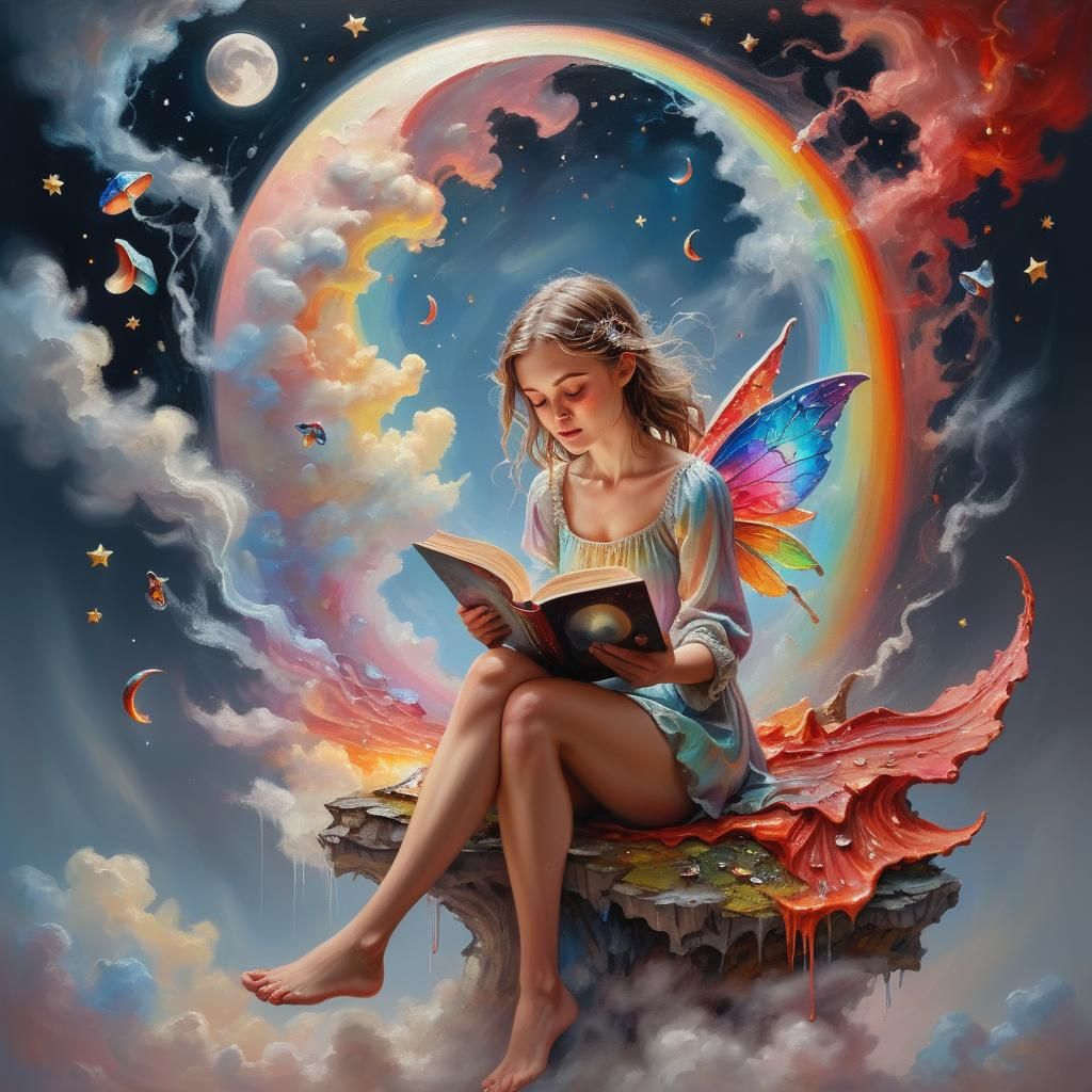 Fairy Reading by Moonlight in Rainbow Colors