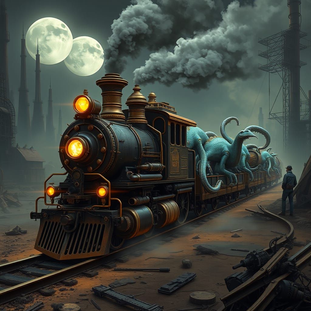 Steampunk Freight Train Transports Alien Monsters in Futuris...
