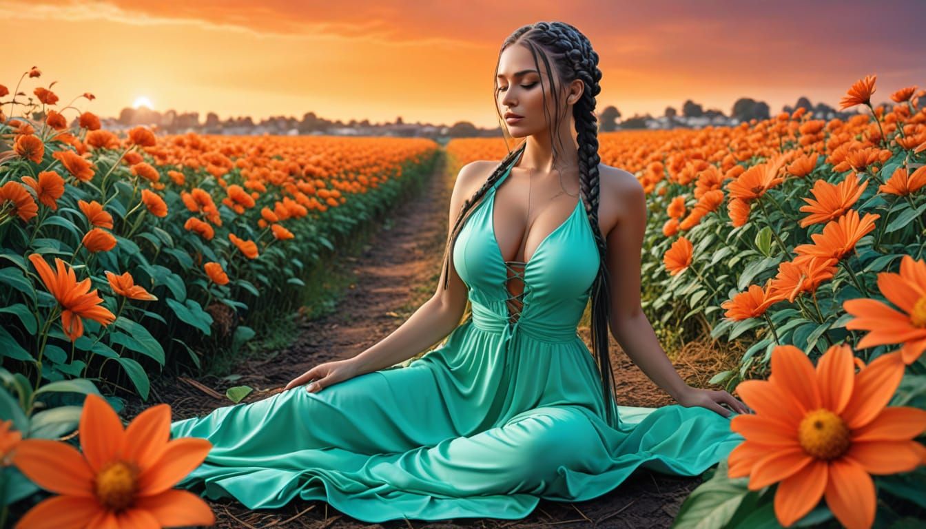 Voluptuous Model in Flower Field at Sunset