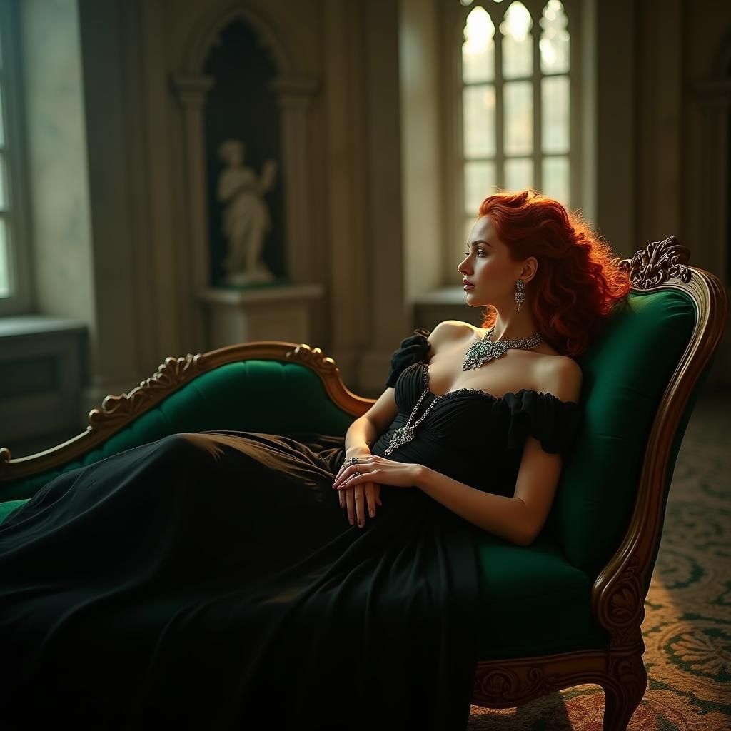 Red-Haired Woman on Chaise Lounge in Gothic Interior