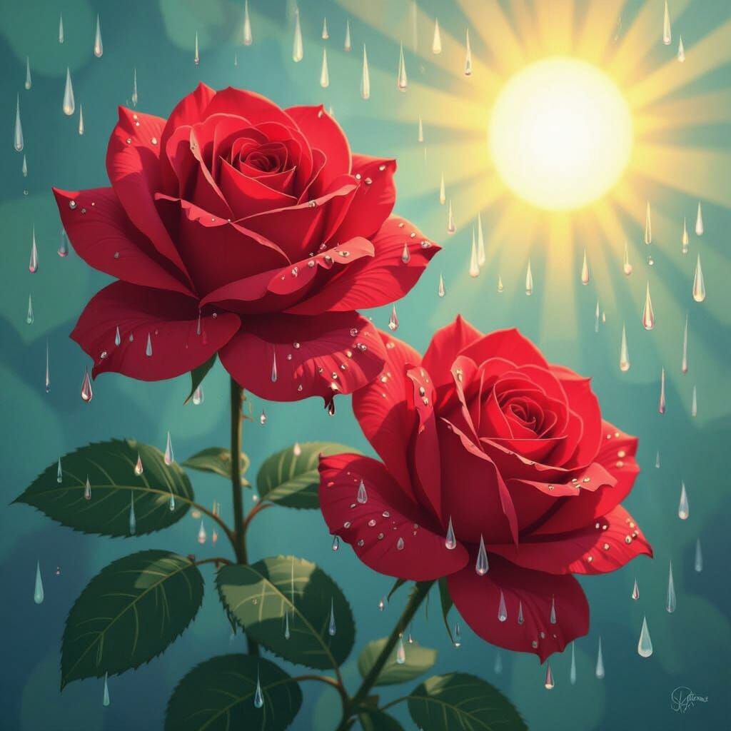 Red Roses Blooming Under Sunshine: Abstract Vector Fractal A...