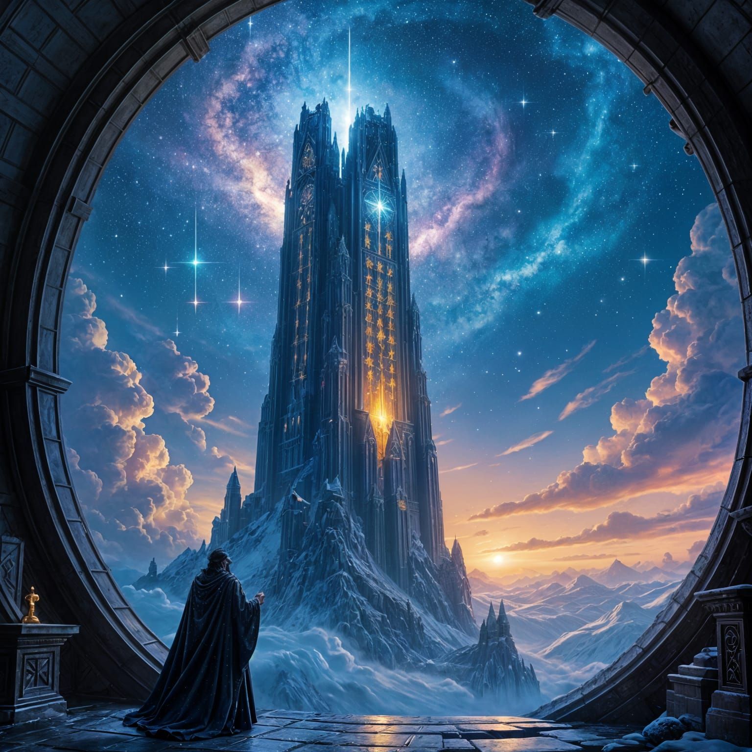 Starlight Tower with Glowing Runes and Wizard