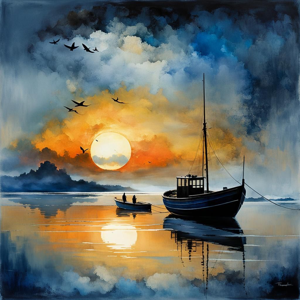 Stylized Sunset Fishing Boat in Double Exposure