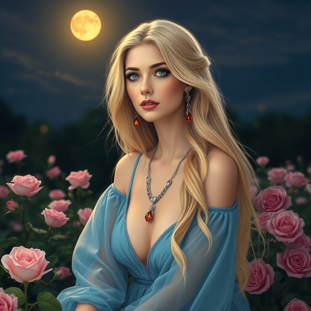 Goddess in Moonlit Rose Garden with Amber Earrings