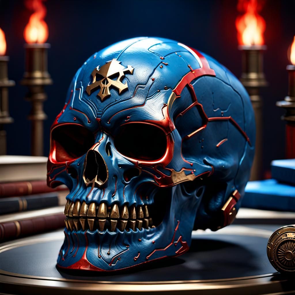 Red and Blue Skull in Horror Blueprint Style