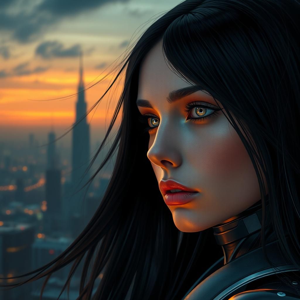 Cyborg Woman in Futuristic Industrial Cityscape