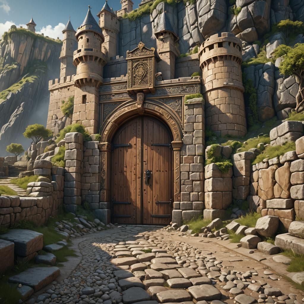 Ornate Fortress Wall with Wooden Door in Matte Painting