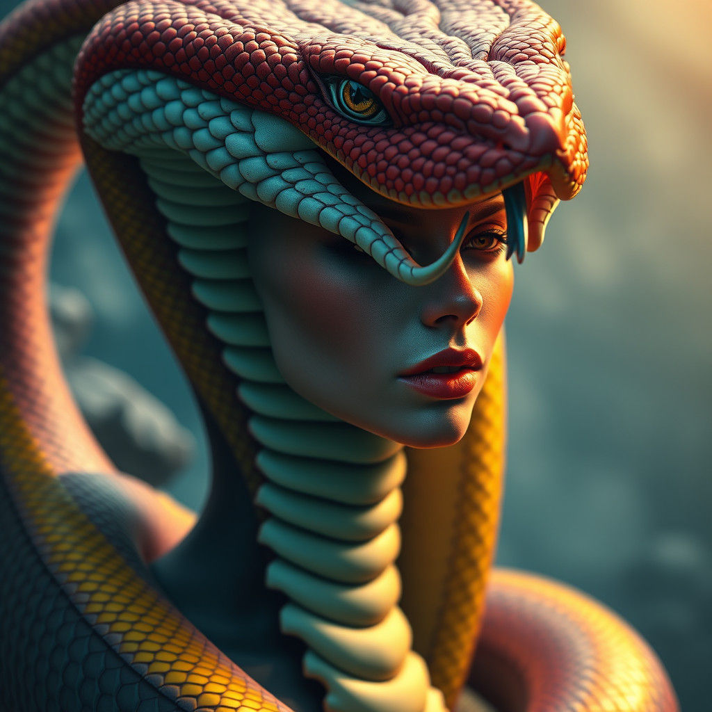 Majestic Cobra Woman in a Maximalist Style