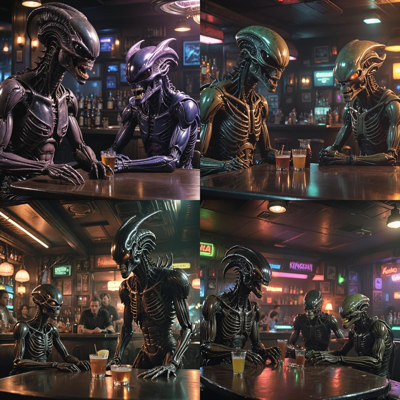 Xenomorph and Meek Alien Chatting in Bar, Sci-Fi Style