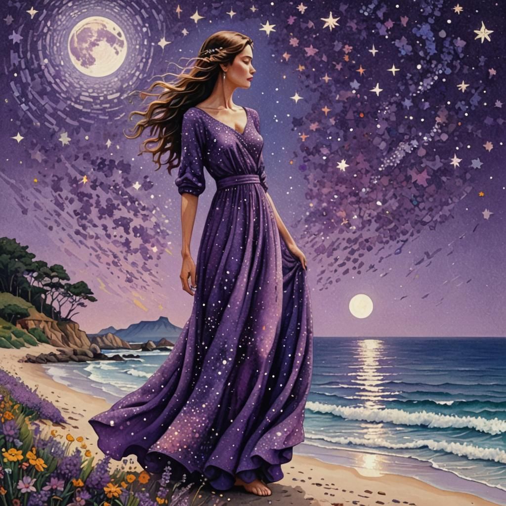 Pointillist Woman on Beach Under Starry Moon