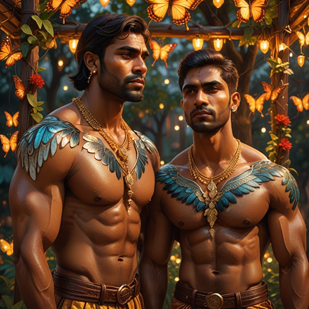 Two Muscular Indian Men in Vibrant Oil Painting Style