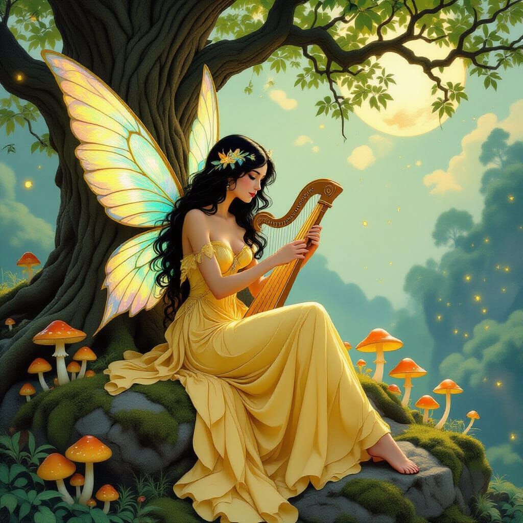 Fairy Playing Harp in Art Nouveau Fantasy Landscape