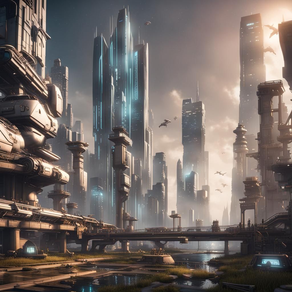 Futuristic Cityscape in 3D Game Cinematic Style