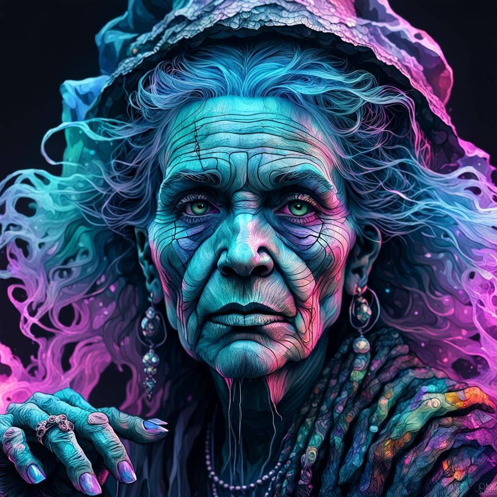 Crystal Witch in Vaporwave Style, Detailed Fantasy Art