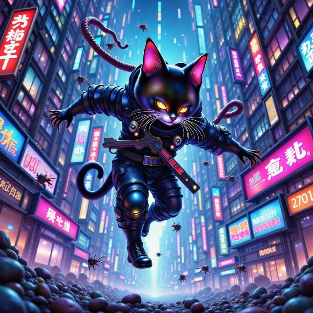 Cyberpunk Ninja Cat in Neon City Chase