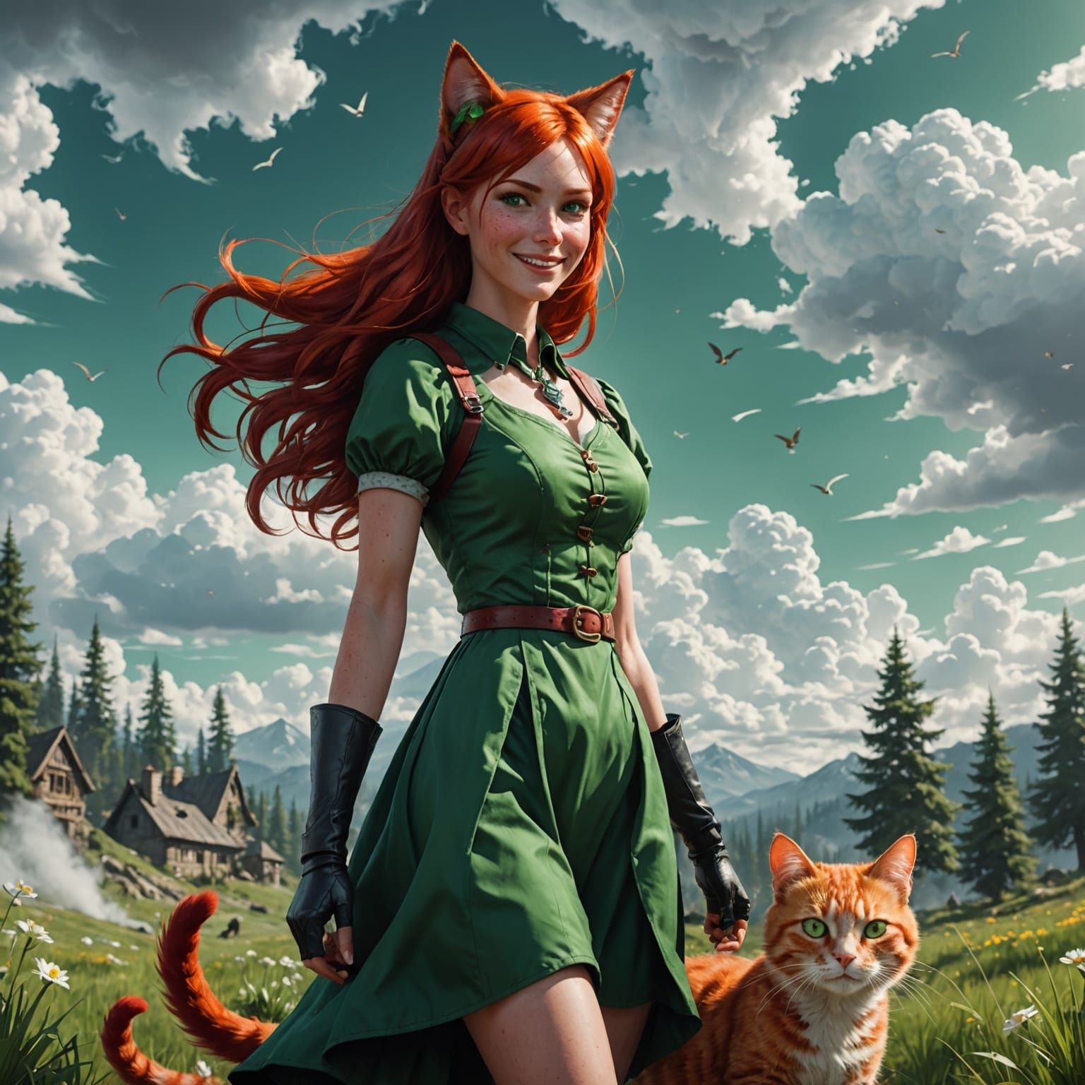 Whimsical Cloud Goddess in Black and White Line Art