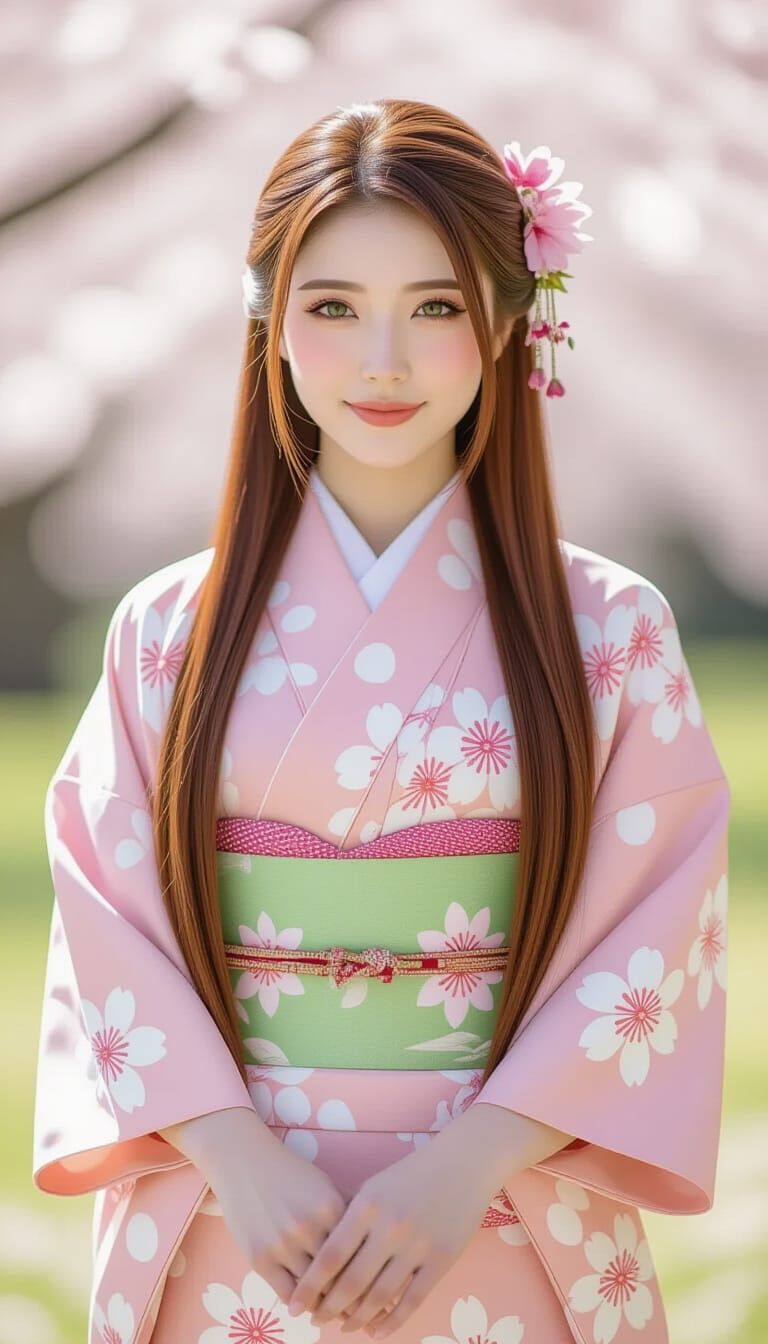 Japanese Woman in Cherry Blossom Yukata