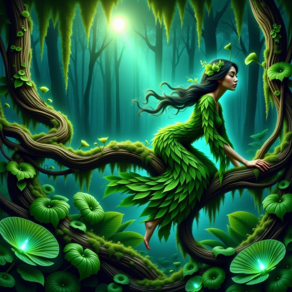 Woman in Emerald Kimono on Vine Balcony at Sunset