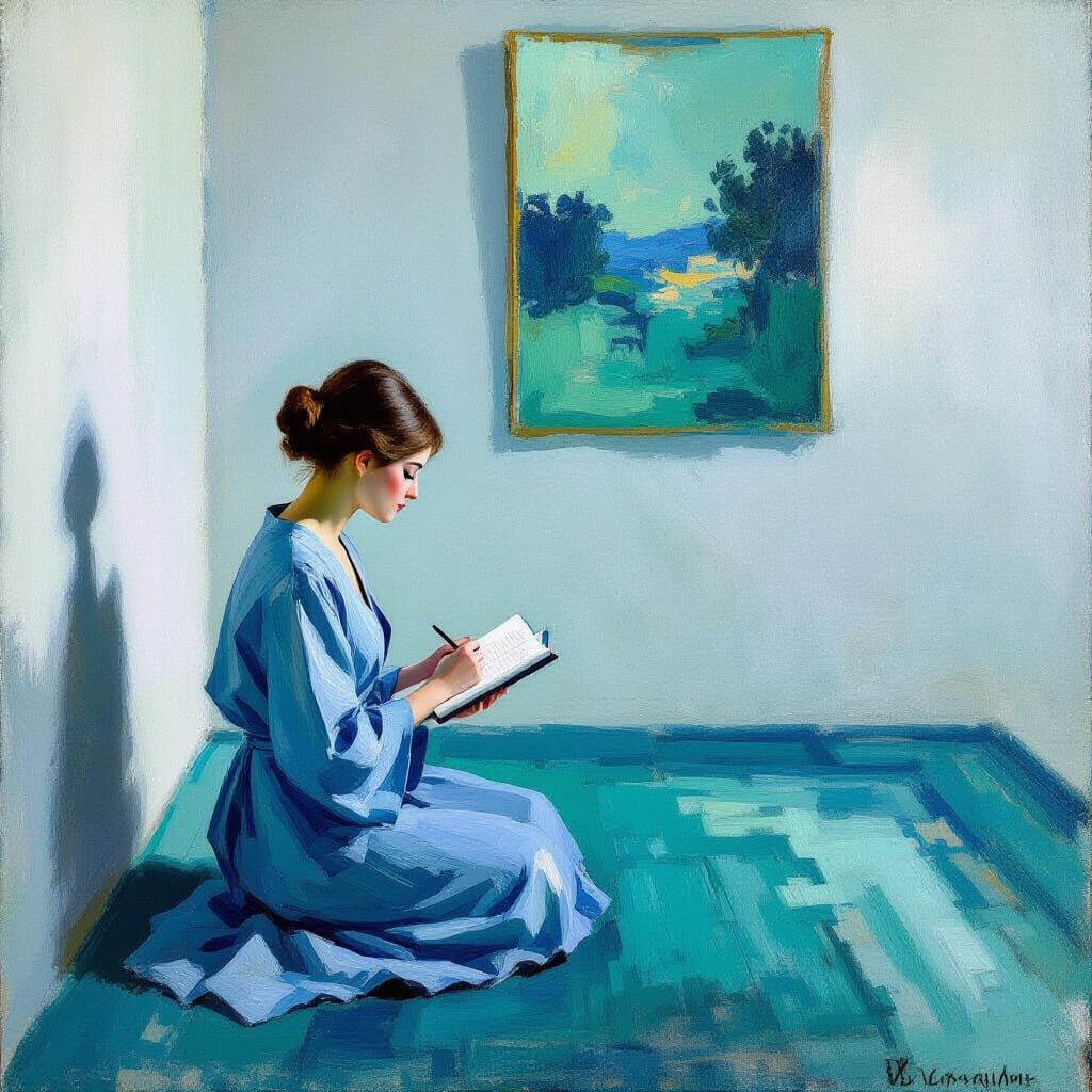 Impressionist Painting of Woman in Blue Robe Writing