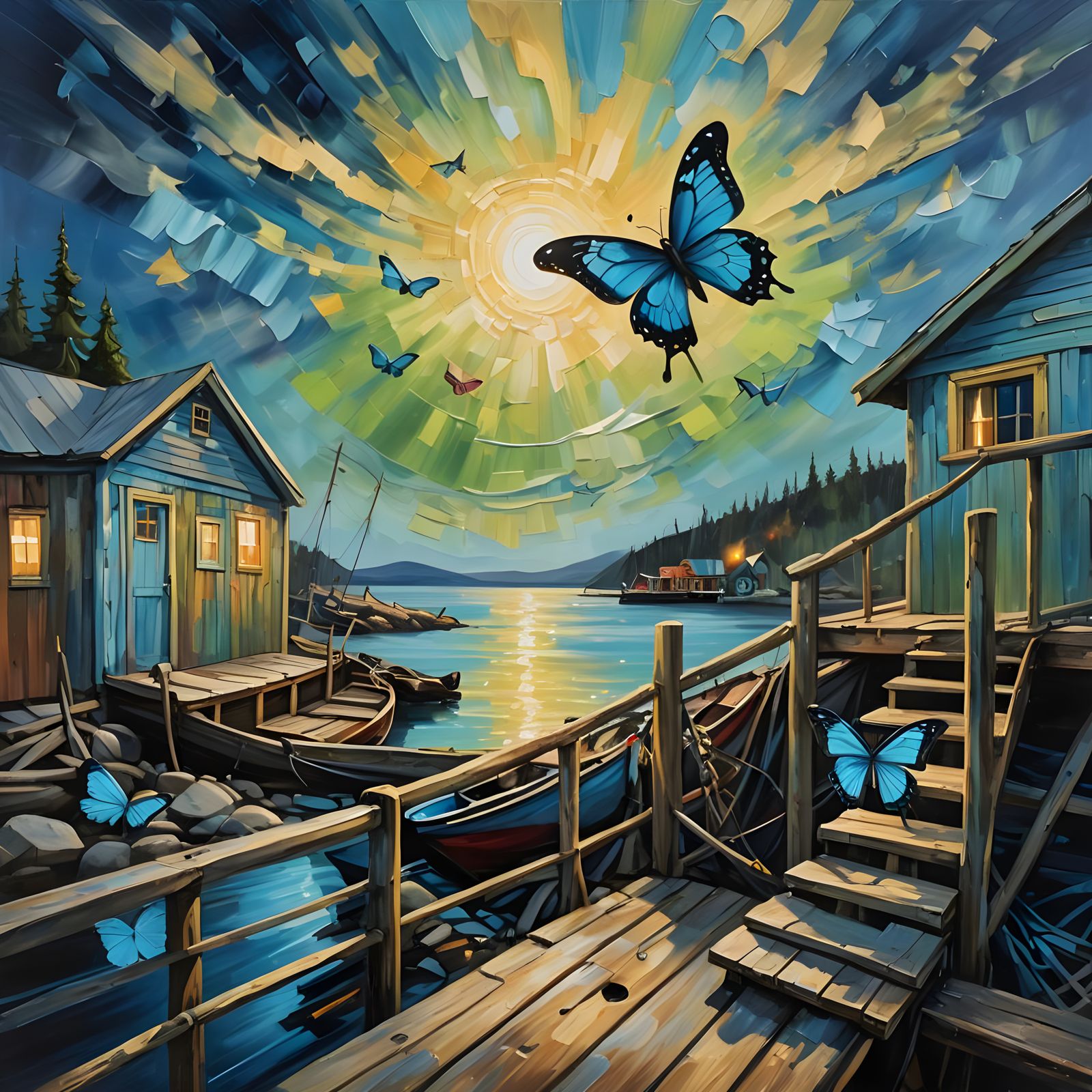 Newfoundland Harbour with Aurora Borealis, Impasto Painting