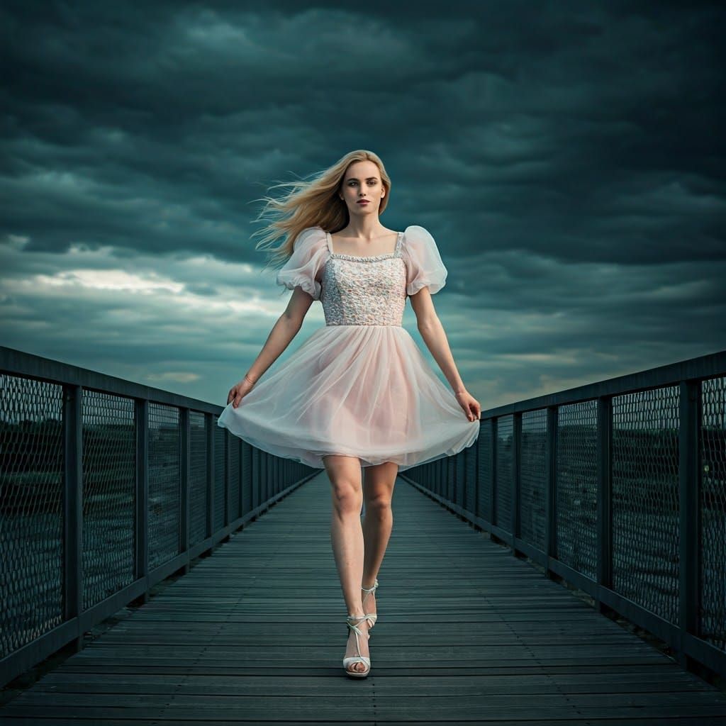 Slender Young Man Teeters on High Heels in Whimsical Dress