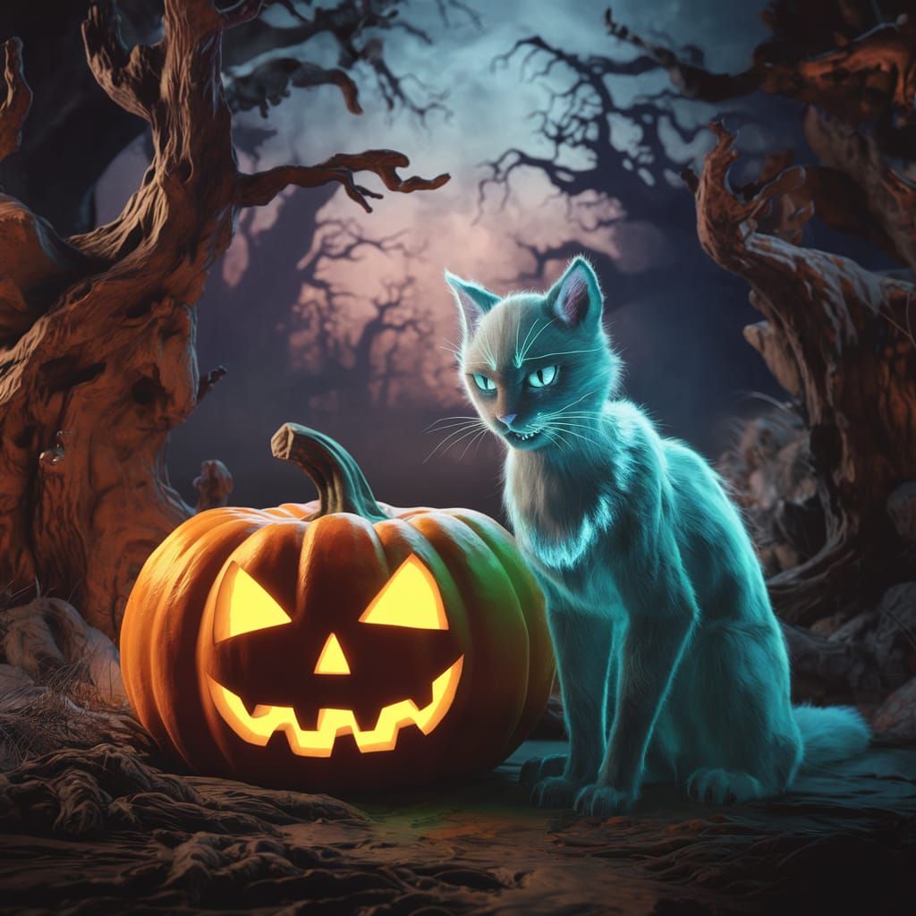 Bioluminescent Cat by Halloween Pumpkin in CGI Style