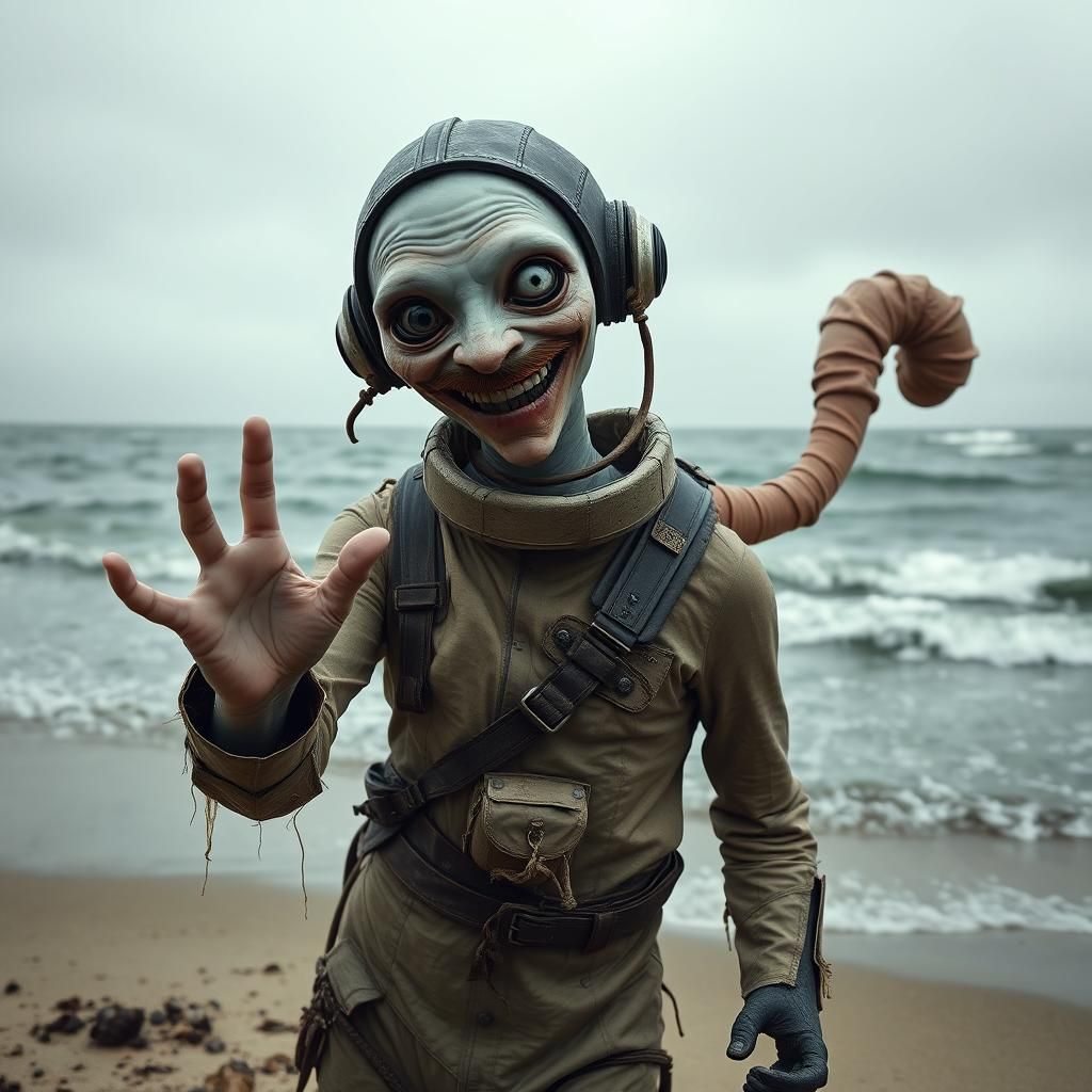 Unsettling Clone on Desolate Beach: A Giger-esque Vision