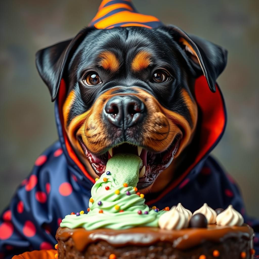 Rottweiler in Halloween Costume Eating Cake