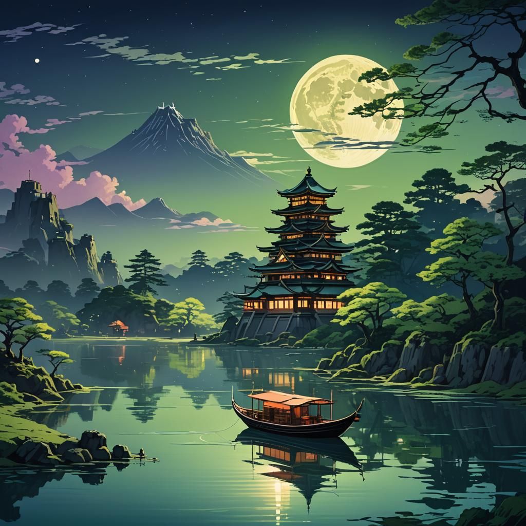 Japanese Boat and Castle Under Giant Moon