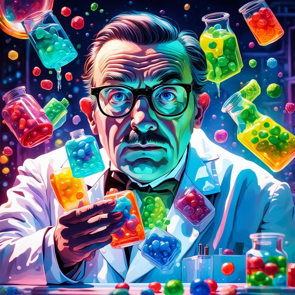 Surreal Scientist with Giant Jolly Rancher Candy